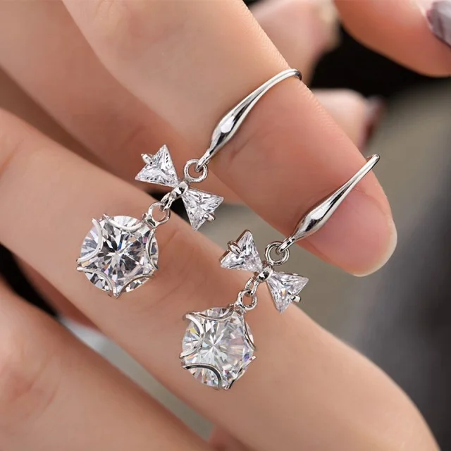 

Cute Female Crystal Round Star Bow Drop Earrings Fashion 925 Silver Zircon Stone Earrings White Pink Dangle Earrings
