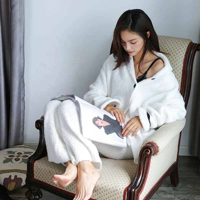 
2020 spring new cardigan pajamas women thick warm simple long sleeve two-piece soft large size home service suit 