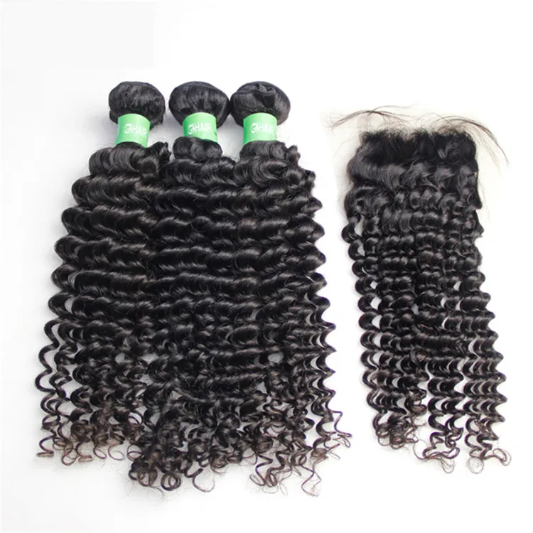 

Best selling products deep curly Brazilian hair bundles with closure lace virgin curly weave women's hair weave, Natural color #1b