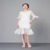 College Style White Beaded Pattern tux tail hem shows Thin Skirt For pretty Girl