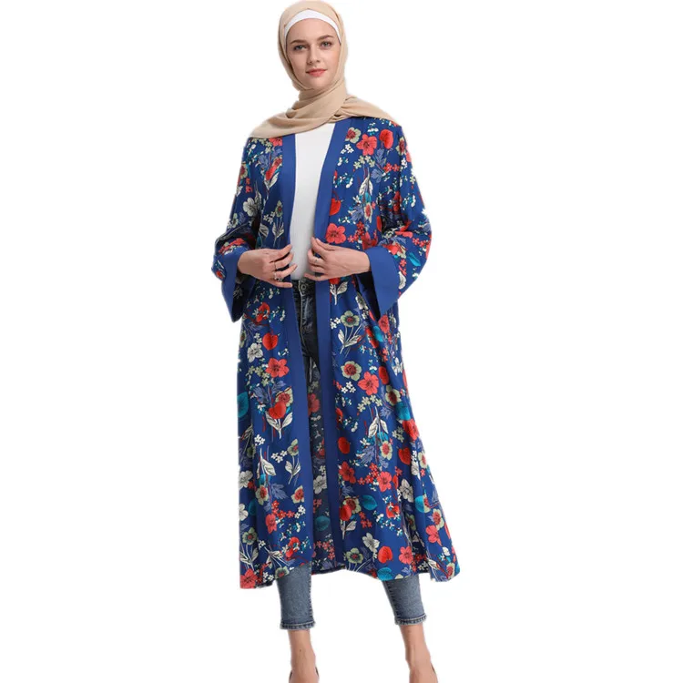 

Wholesale Islamic Women Long Tunic Turkey Flower Pattern Top Shirt with Belt, Navy