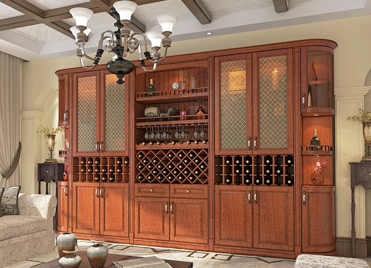 German style MDF solid wood antique wine display cabinet