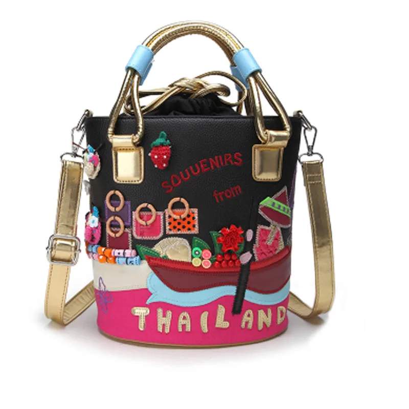 

2021 Shenglu newest unique fashionable vintage hand embroidery bucket souvenir bucket handbag for lady quality bag (XJUQ0874)