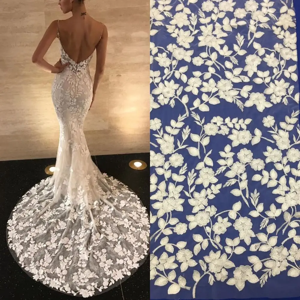 

New Fashion Ivory Bridal Embroidered Tulle Lace Fabric For Wedding Dress