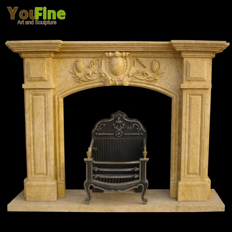 Antique Yellow Simple Style Marble Fireplace Surround For Sale