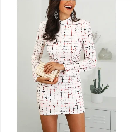 Plaid Print Skirt Ladies Dress Long Sleeve Chic Mini Dress