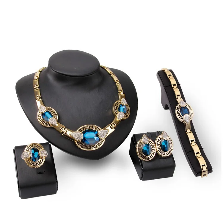 

Women Fashion Jewelry Sets Luxury Saudi 18K Gold Plated Indian Big Blue Crystal Wedding African Statement Bridal Jewelry Set, As show