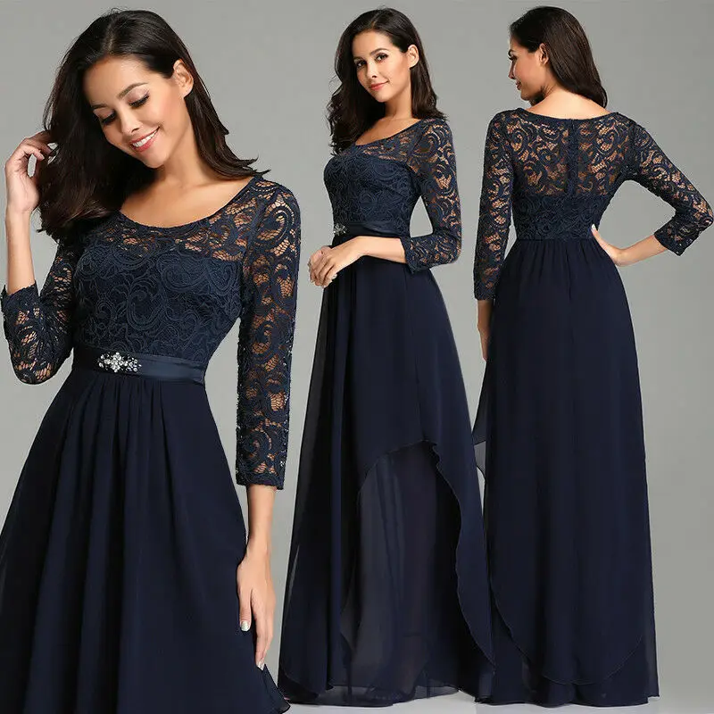 

Women Lace 3/4 Long Sleeve Prom Gown Evening Dresses