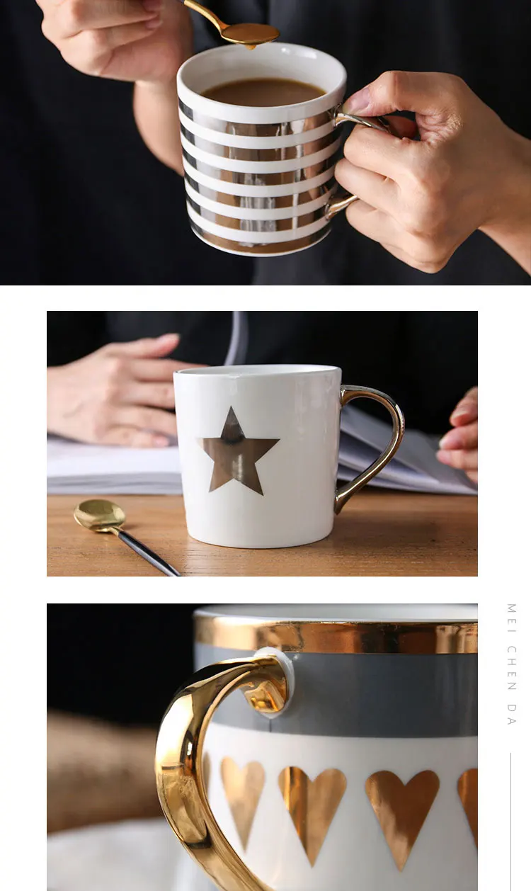 Custom ceramic milk mug 300ml porcelain coffee cup with gold rim gold letter alphabet