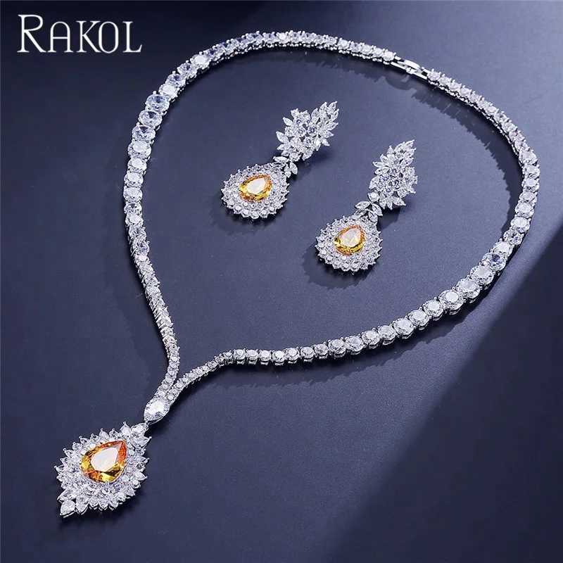 

RAKOL Vintage Design Silver Bridal Wedding Ruby Sapphire Jewelry Set Micro Inlay Crystal Zircon Necklace Earrings Set S308, As picture