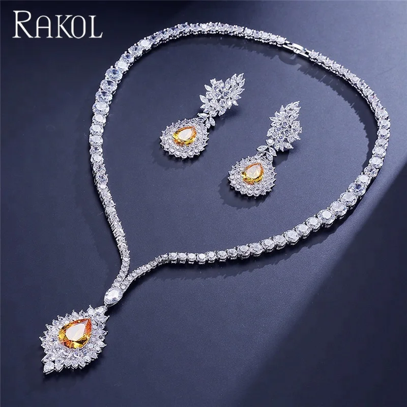 

RAKOL S308 Vintage Design Silver Bridal Wedding Ruby Sapphire Jewelry Set Micro Inlay Crystal Zircon Necklace Earrings Set, As picture