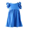 Kaiyo wholesale baby clothes new style royal blue kids double ruffle sleeve dress girl smocking ruffle dress for summer wear
