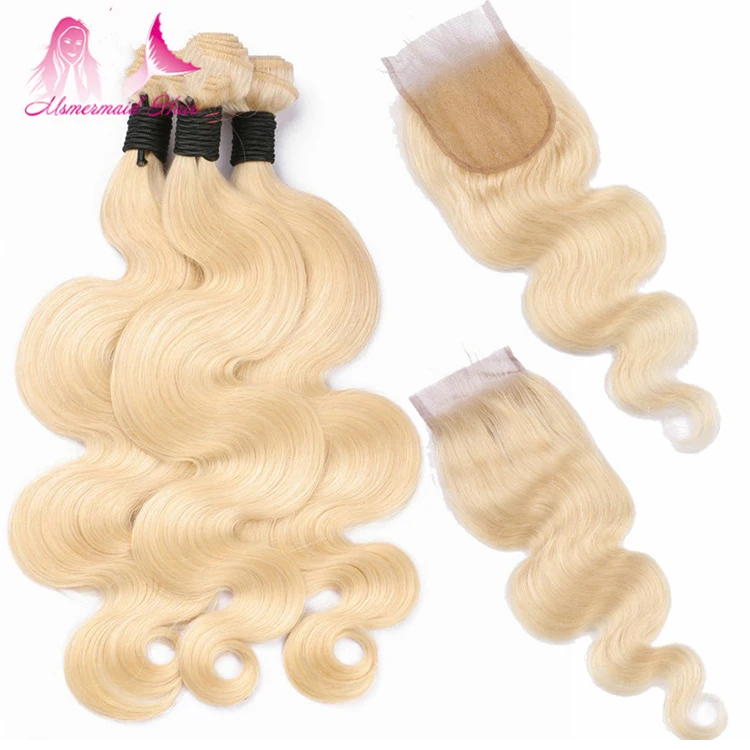 

high quality virgin malaysian hair color 613 blonde body wave hair 3 bundles with 4*4 lace closure, #613