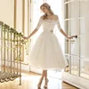 2019 Women Half Sleeves A Line Wedding Dresses Gorgeous Lace Appliques Off-Shoulder Tea Length Short Bridal Gowns