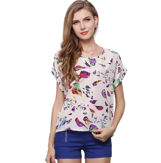 

women big yards short sleeve bird print chiffon shirt for lady