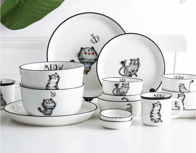 Cute White Ceramic Tableware Decal Cat Design Dinnerware Set For Kids Buy Cat Dinnerware Set