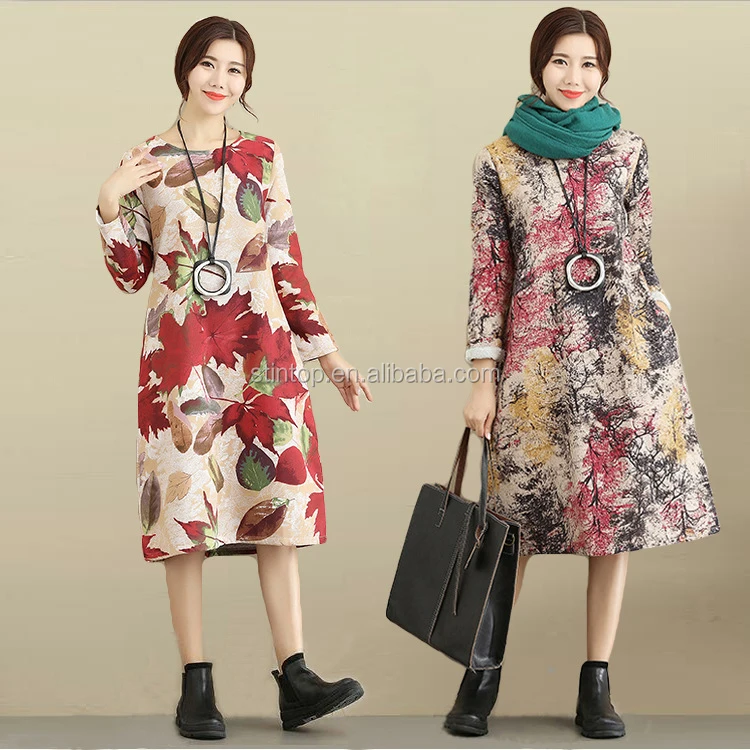 Winter spring literary printing cotton and linen clothing women's long paragraph loose dress Ladies Vintage fashion dress