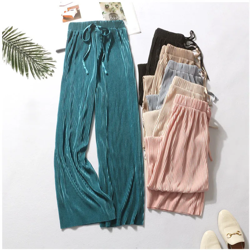 

AP10 2020 fashion spring women candy color pants ladies pleated wide leg trousers lady colored chiffon trouser