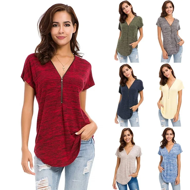 

Amazon Hot Selling V neck Blusas De Mujer Casual T shirt Short Sleeve T shirt with Half Zipper