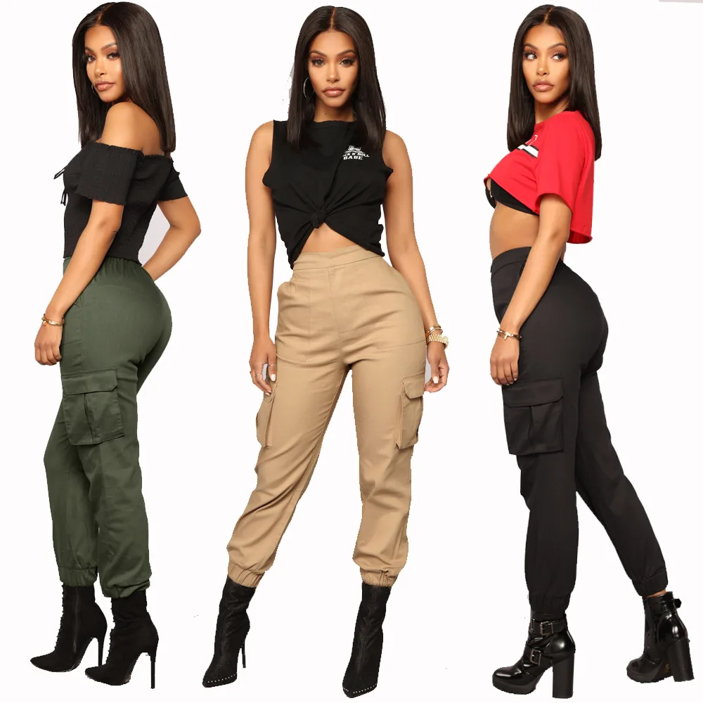 

Ladies women work wear elastic high waist long pants casual spring autumn multi pocket camo cargo harem pants trousers