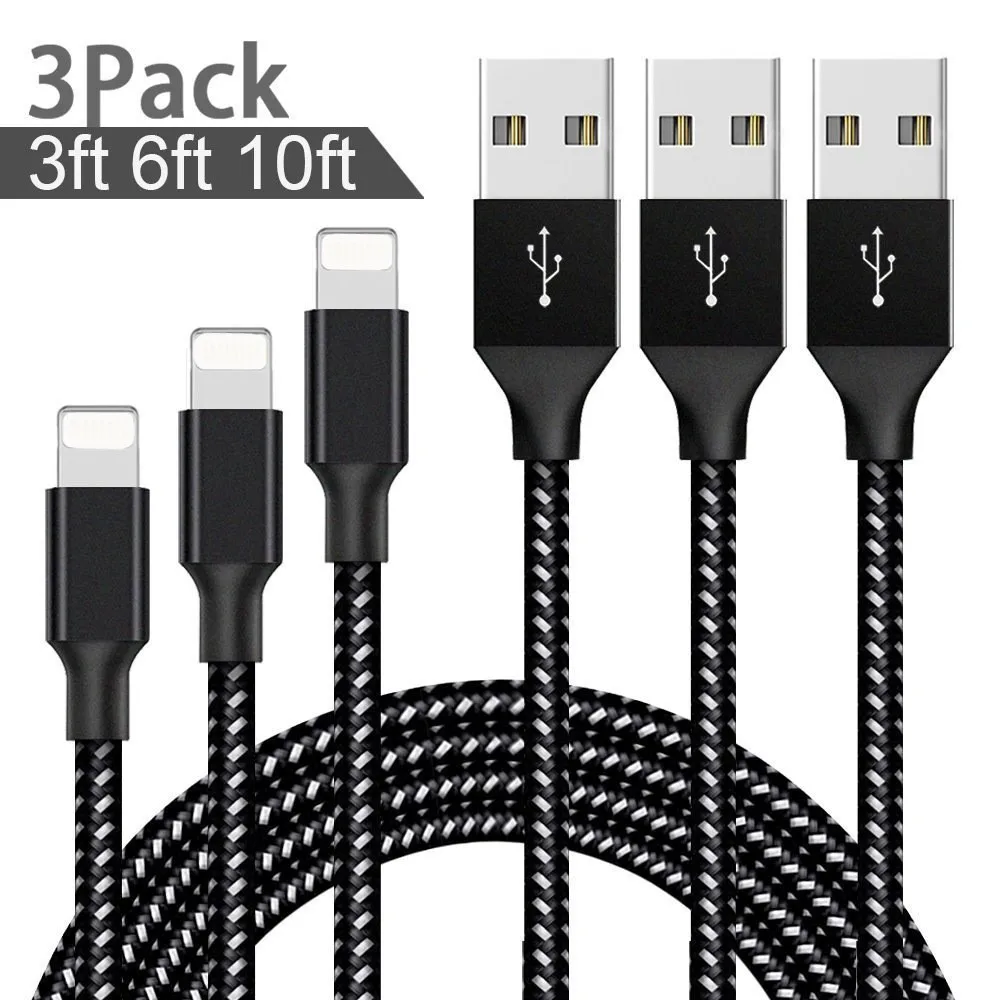 

3Ft 6Ft 10Ft Pack Amazon Hot Sale OEM Logo Nylon Braided USB Charging Data Cable For iPhone 5 6 7 8 PLus X, Black-white;black-blue;black-red