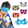 A Cute Child Girl Wearing On Baby Blue Cat Mask. In Several Animal Masks Combination Background.