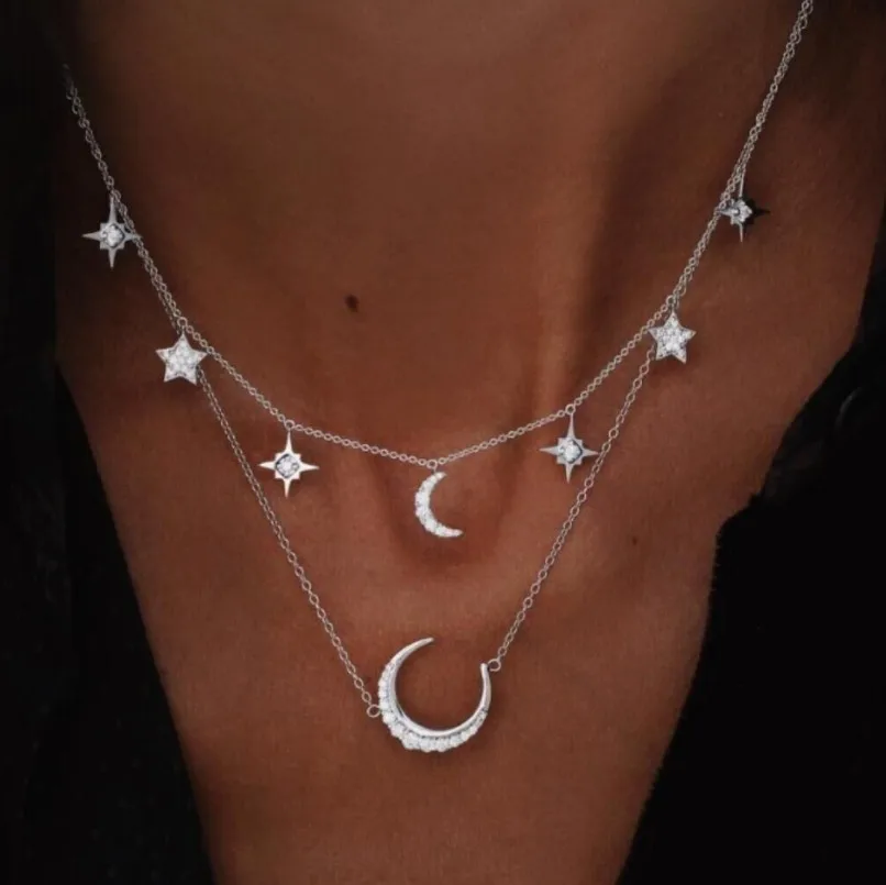 

6 Styles Fashion Silver Alloy Sun Moon Shaped Lariat Necklace Clavicular Chain Multilayer Necklace for Women, Gold;silver