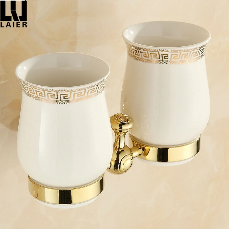 
Gold Sanitary Accessories for Bathroom Tumbler Holders Double with Jade Stone Decor Ceramic Cup 