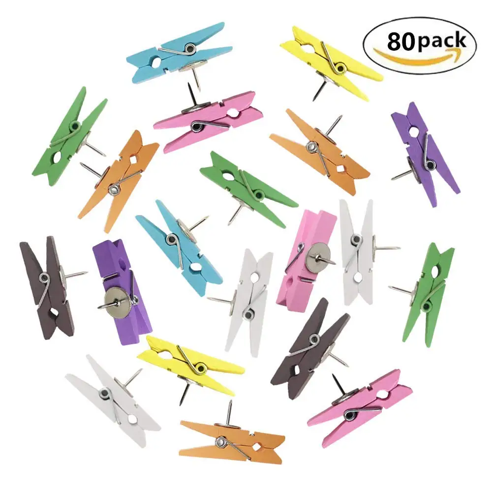 EnewLife Pack of 80 Colorful Push Pins with Wooden Clips Pushpins Tacks Thumbtacks for Cork Boards Artworks Notes Photos and Craft Projects (80 Colorful)