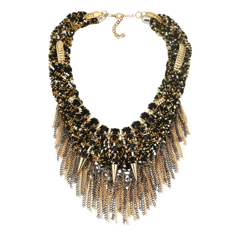 

Wholesale Fancy Seed Beads Knitted Spike Charms Fashion Design Statement Women Jewelry Necklace With Gold Chain Tassels, 6 colors
