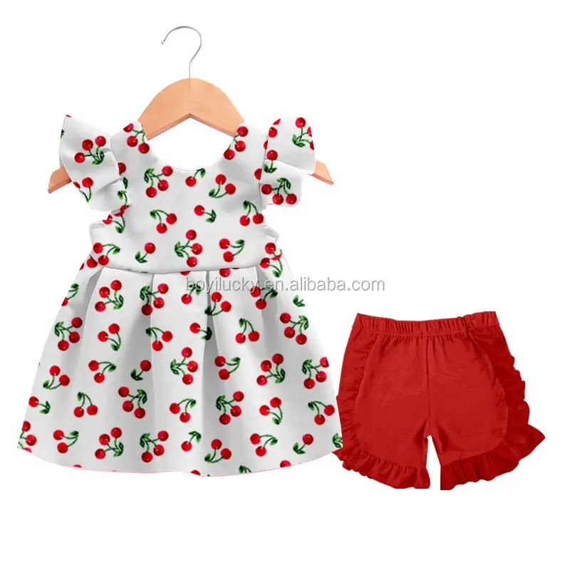 New Arrival Cute girls Dress Names With Pictures Wholesale Cherry printing Pearl Dress Baby Child Farm Flutter Sleeve outfits