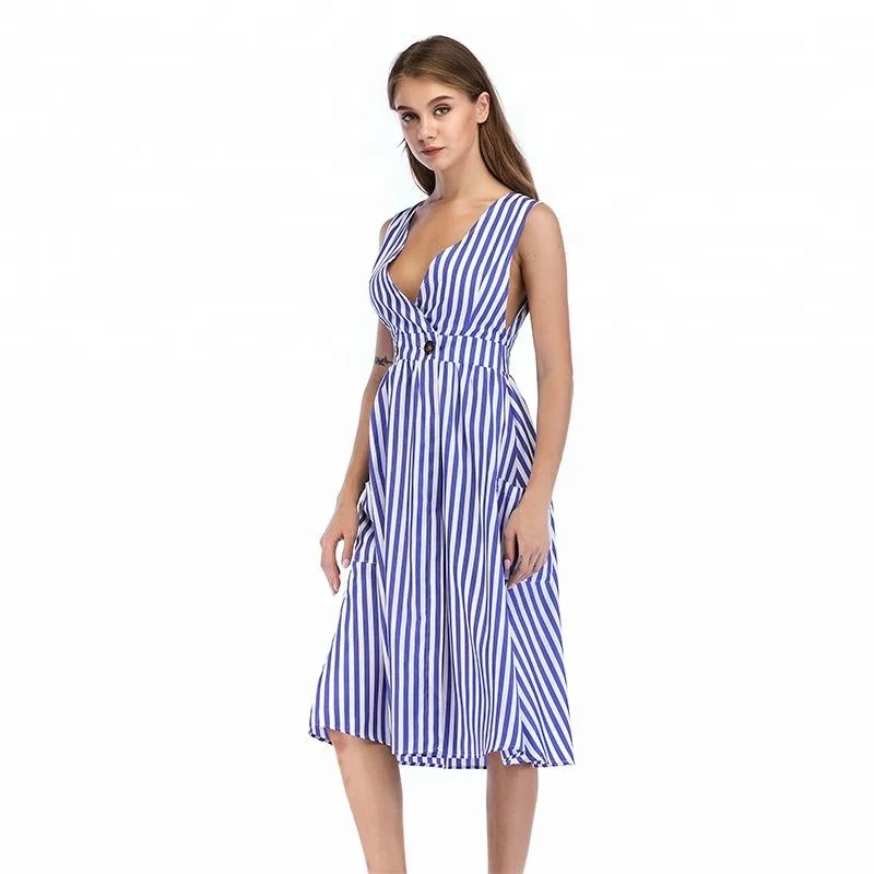 
Deep V-neck Sleeveless Cardigan Striped Dress 
