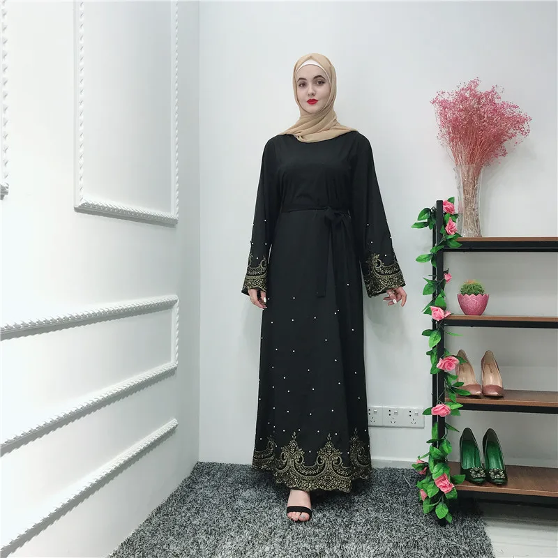 

New arrival muslim women islamic clothing dress with belt pearl and lace black abaya