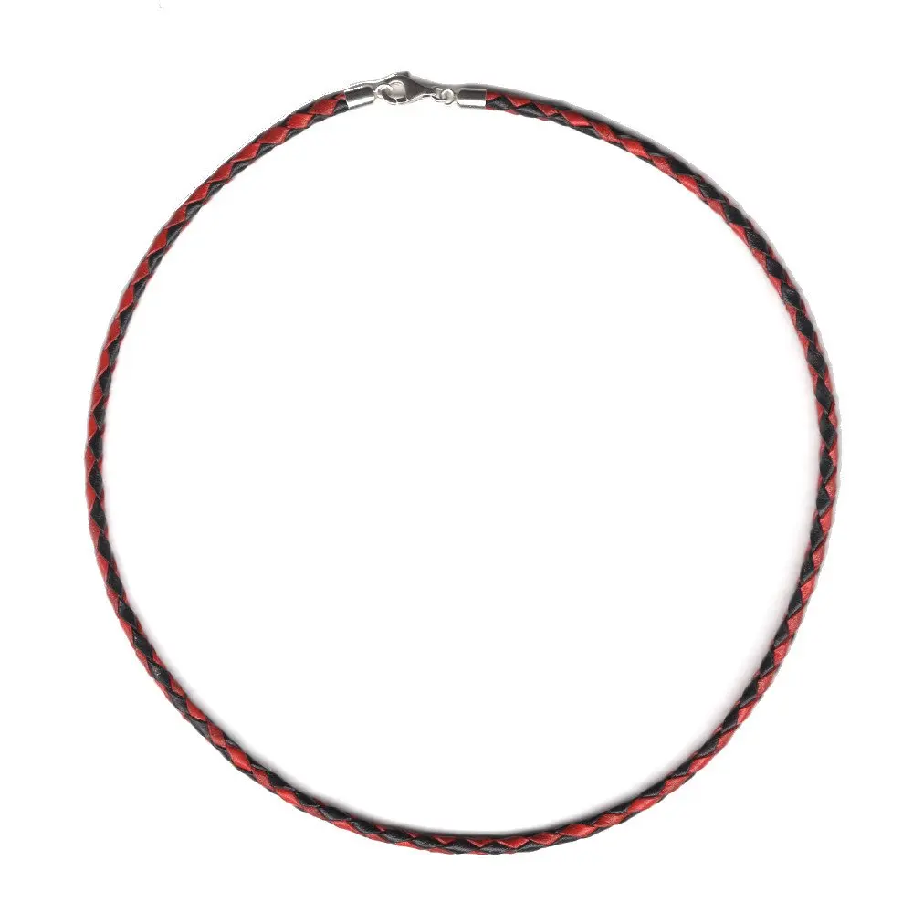 Black/Red Braided Leather Cord Necklace 3mm - Sterling Silver Clasp and Length Choice up to 30" (28") by Greek Crafts