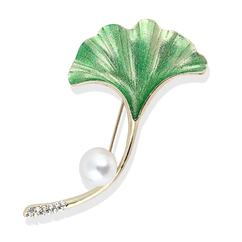 

Gift 2020 Crystal Rhinestone Zinc Alloy Women Pearl Men New Brooch Design Jewelry Enamel Leaf Ginkgo Leaves Brooch Pin