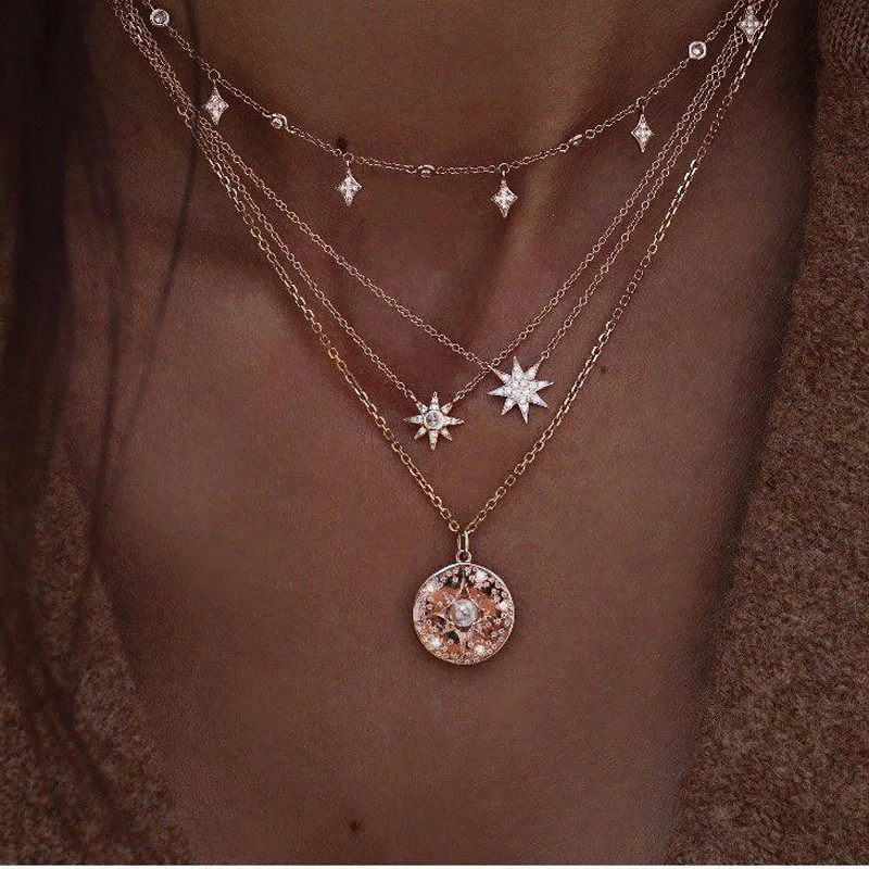 

Bohemian Gold Crystal Star Sun Choker Pendant Necklace for Women Girl Metal Layered Necklaces Boho Jewelry, N/a