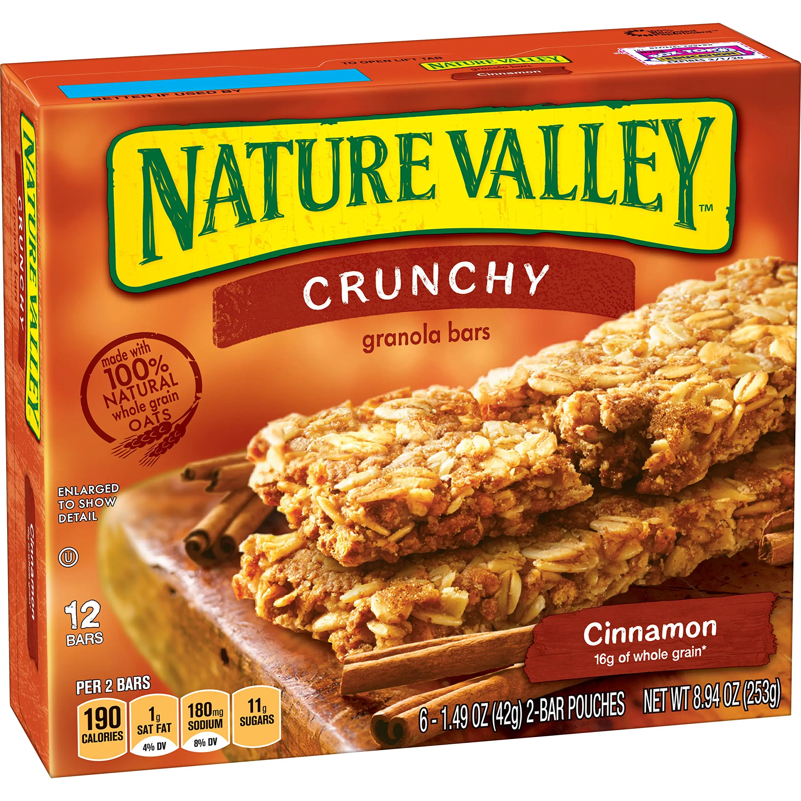 Nature Valley Granola Bars, Crunchy, Cinnamon, 6 Pouches - 1.5 oz, 2-Bars Per Pouch (Pack of 6)