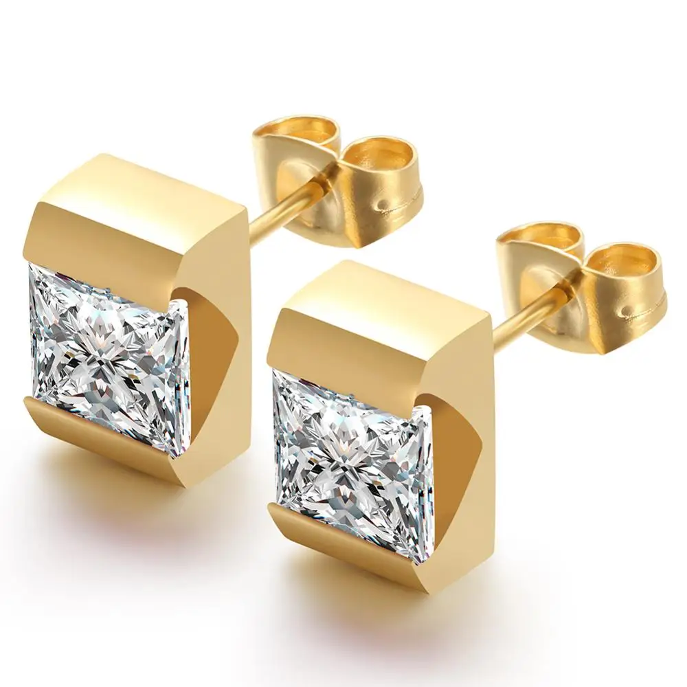 

European Style Geometrical Square Shape Stud CZ Crystal Zircon Earrings In Gold Wedding Jewelry