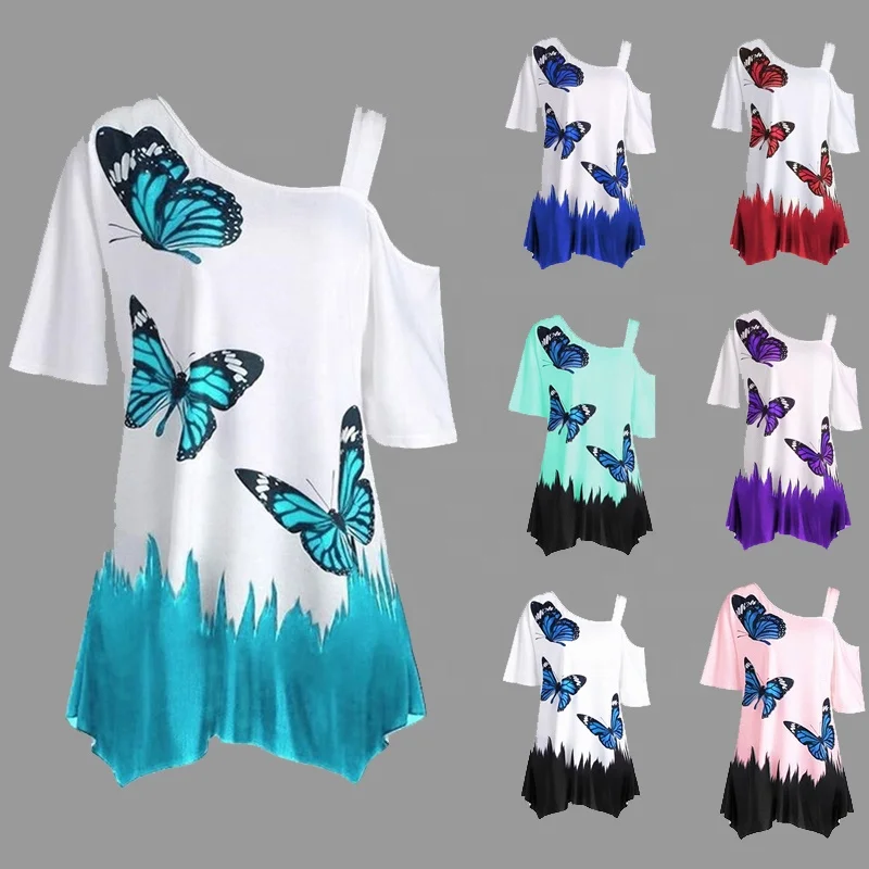 

Women's Butterfly Print T-Shirt Off Shoulder Short Sleeve Ladies Tops, Oem