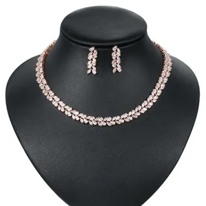 Rose Gold Plated Cubic Zirconia Marquise Leaf Tennis Necklace and Earring Jewelry Set for Wedding Party Bridal or Bridesmaid