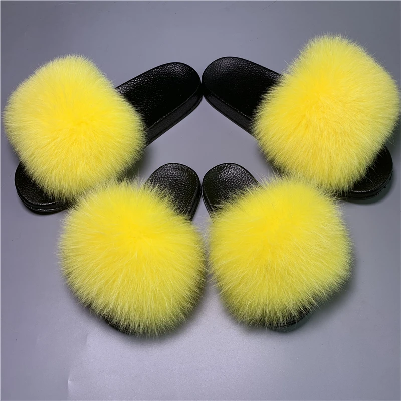 

2019 Fashion New Wholesale Custom Logo Pink Indoor Ladies Plush Real Fox Fur Slippers Sandals Little Girl Fur Slides