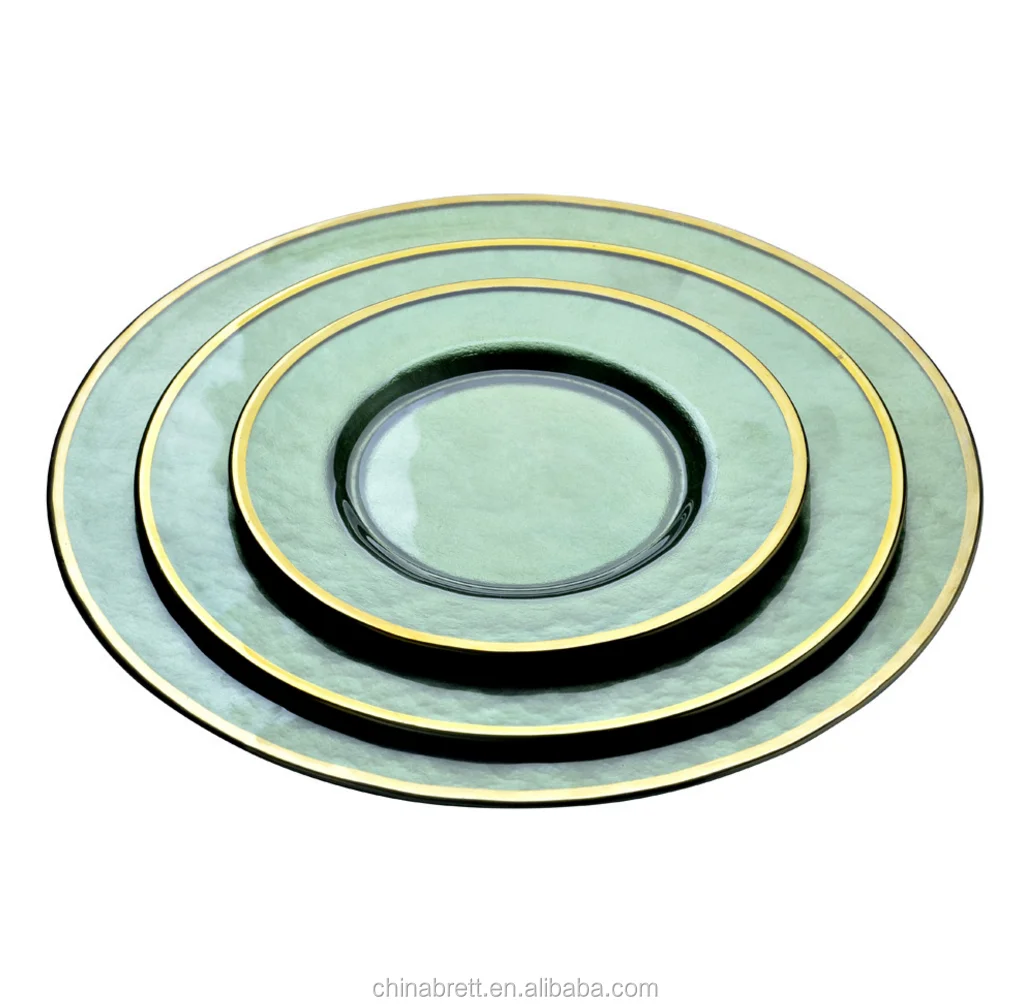 New Design Green Tableware Royal Gold Rim Plated Glass Charger Plate Under Plate
