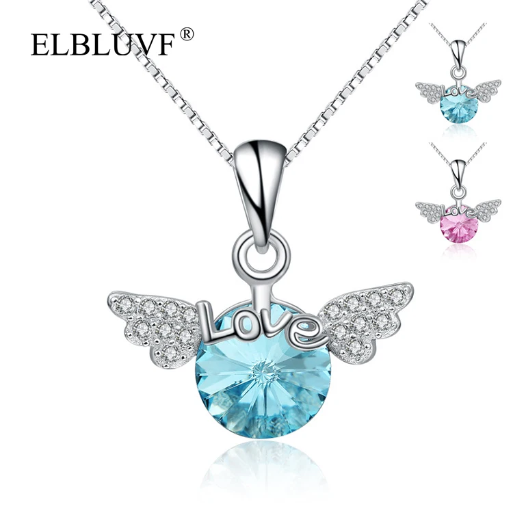 

ELBLUVF 925 Sterling Silver Womens Zircon Angel Wings Feather Love Pendant For Gift, Blue / pink