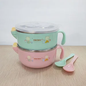 Image of handle leak proof Insulation injection water plastic stainless steel bowl with lid and spoon for kids