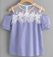 

Women's Short Sleeve T-Shirt Lace Stitching Striped Off Shoulder Blouse