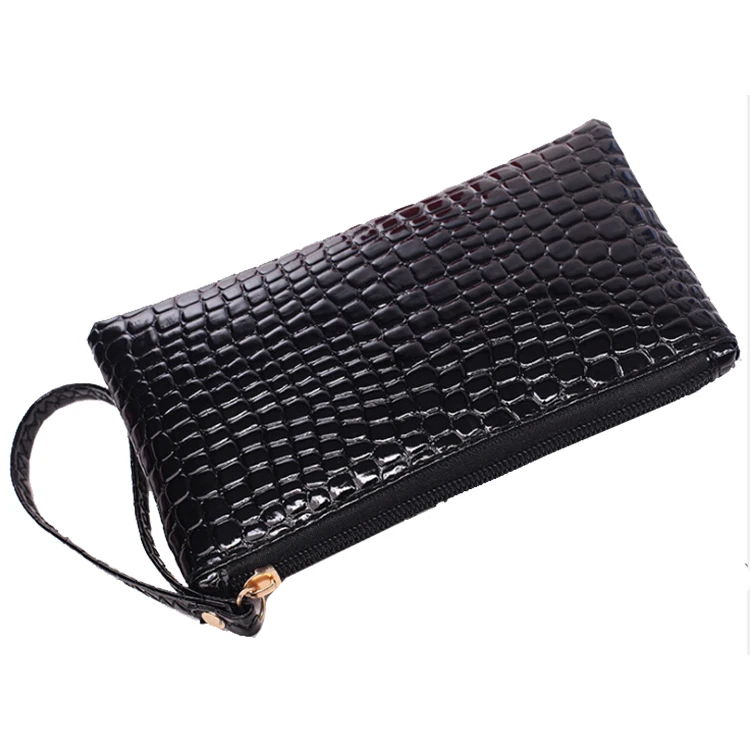 

In stock Fake Crocodile Alligator Pattern PU Leather Women Zippered Coin Purse Wrist Wallet Bag, Red/black