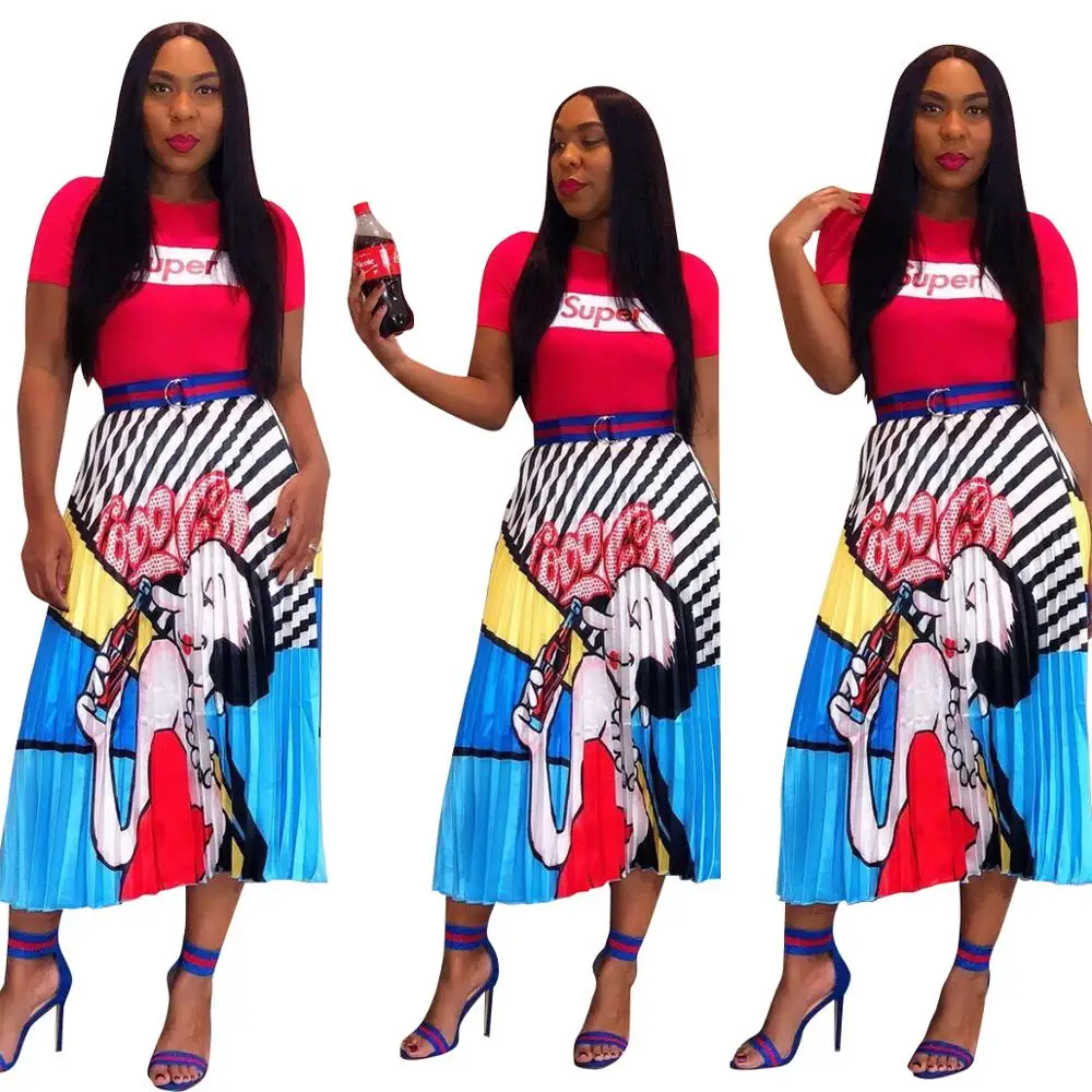 

FM-ALS098 Wholesale Summer New Fashion Sexy Striped Cartoon head pleated skirt, As pic