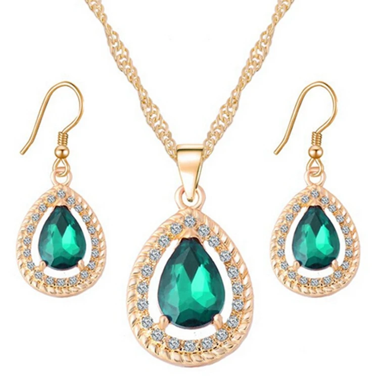 

Big Glass Stone Crystal Inlay Hollow Rope Texture Teardrop Shaped Pendant Necklace Earring Set Gold Plated Jewelry For Women, 3 colors