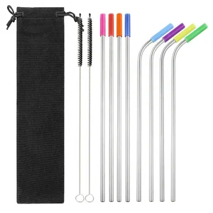 Image of Reusable 8.5 inch Stainless Steel Straight Bent Brushes Straws Copper Gold Drinking Straw Set Silicone Tips Metal Straws