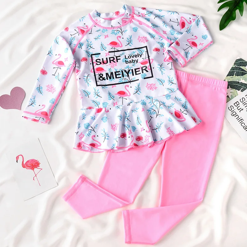 

2PCs Long-sleeve Flamingo Swim Suit Baby Girls Sweet Pink Swimwear For Children, Customized colors